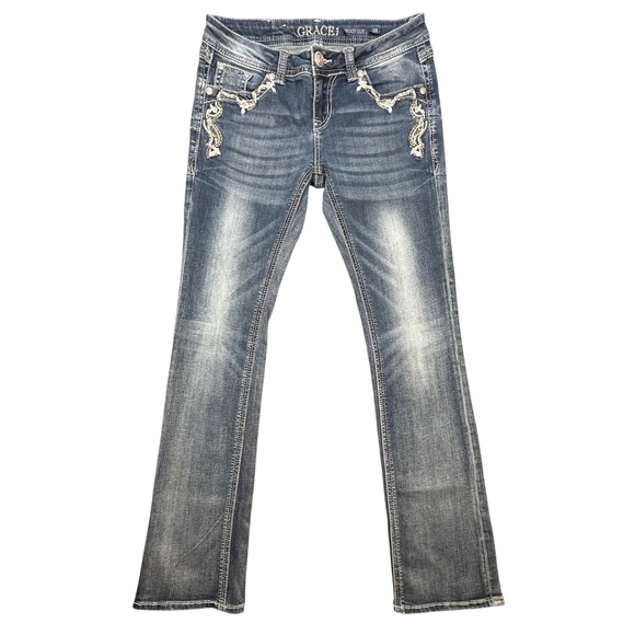 Grace in LA Denim - Grace in LA Blue Jeans Bootcut Embroidered Embellished Pockets Womens 28